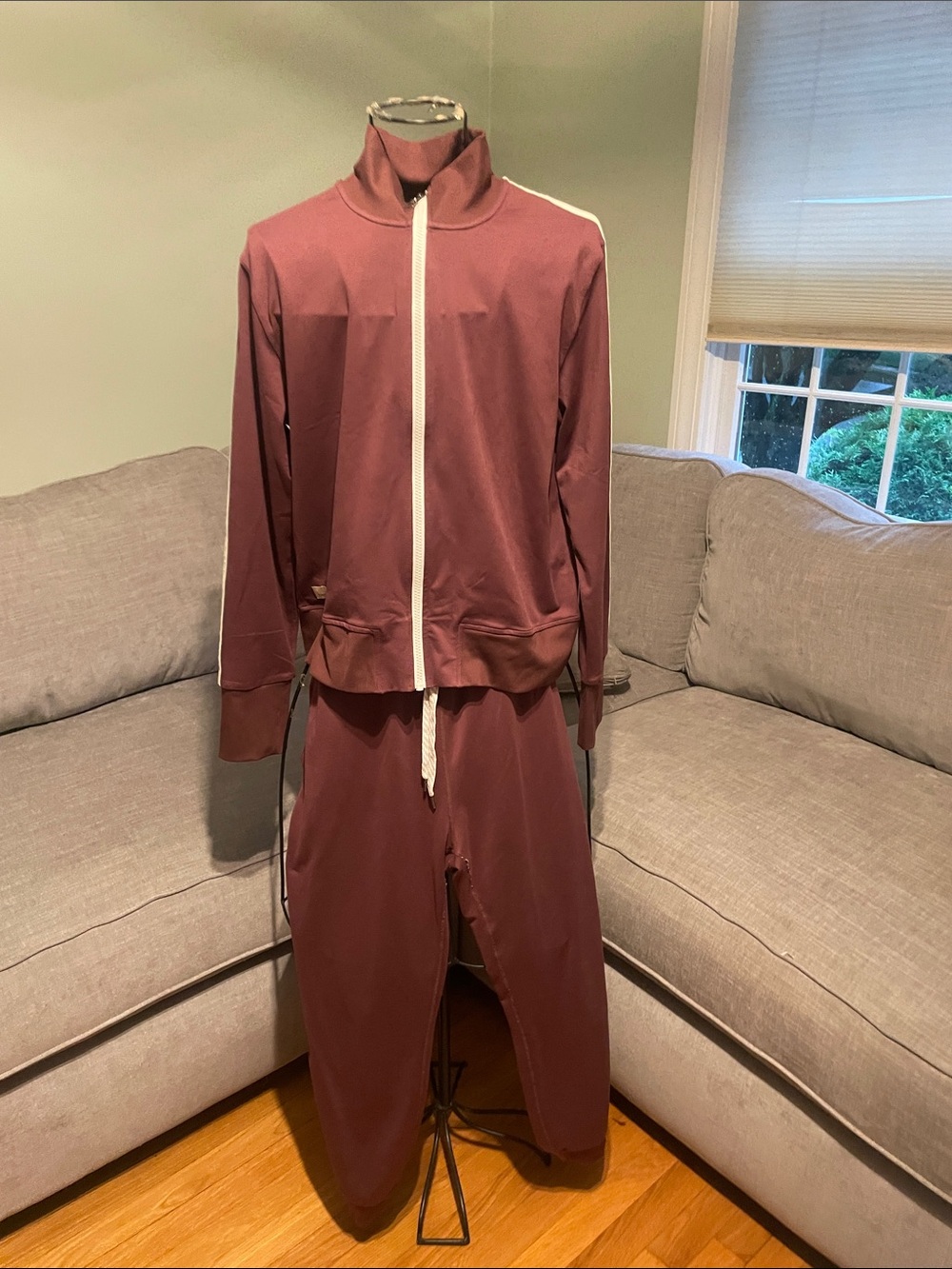 Vuori Burgundy Zip-Front Track Top with White Logo Tab and matching joggers